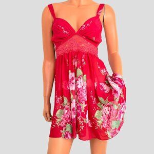 9Os Y2K Babydoll Slip Dress Women’s M Sheer‎ Mini Red Floral Fairy Whimsigoth
